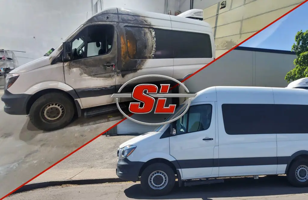 Before and after of a van being repaired after fire damage, the before image shows scorching and rust. the after photo has completely restored the van to its original appearance