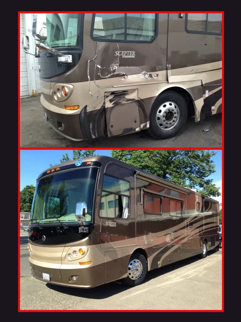 Before and after of an RV that was damaged during a minor collision, the final product shows no sign of damage.