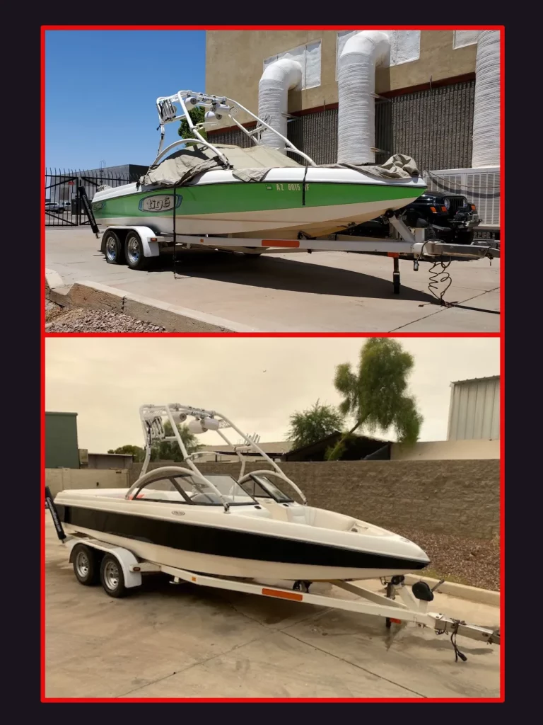 Before and after images of repainting a boat