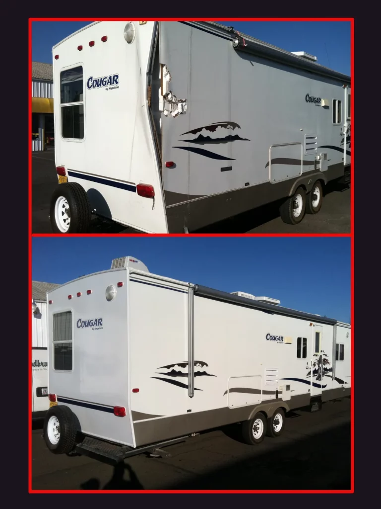 Before and after images of repairing a bent frame on a mobile home