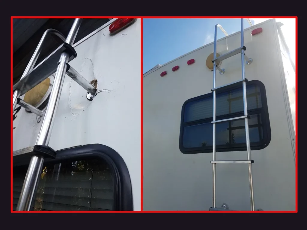 Photos showing damage caused by the roof ladder of a mobile home.