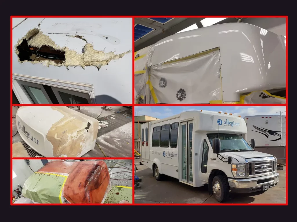 Images showing repairing a body panel for a bus including fiberglass patching, sanding, painting, and reinstallation