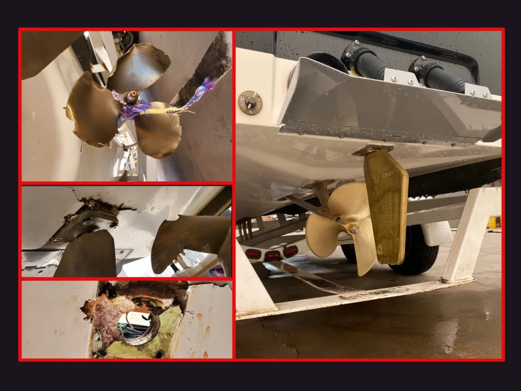 Photos showing damage to the propeller on a boat, the body of the boat is also cracked, the after photo looks as if the damage never happened